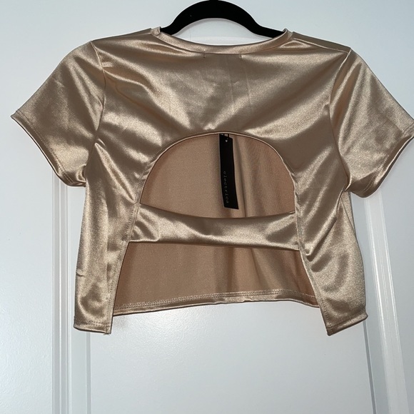 NWT Electrica short sleeve crop top with open back in Shimmery Cream Size L - Picture 3 of 4